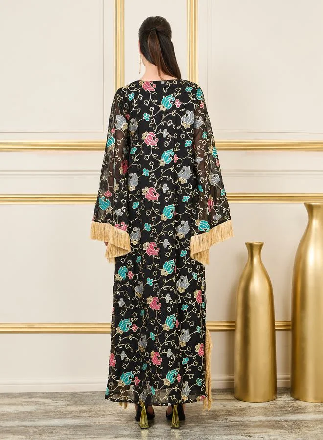 Maxim Creation All Over Floral Embroidered Jalabiya with Tassel Detail by Styli
