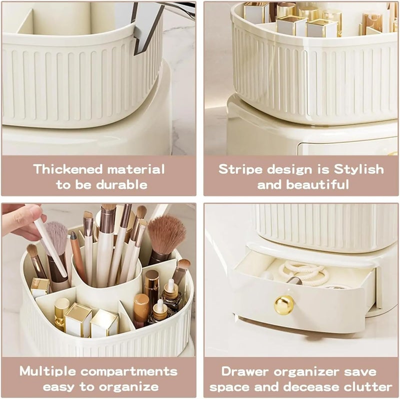 HOOPVOOL 360 Rotating Desk Organizer, Stationery Storage,Pen Holder, Plastic Makeup brush Organizer with Drawers, Multifunctional Desk Accessories Tidy Caddy for Dresser Table (360 Cream) - Image 5