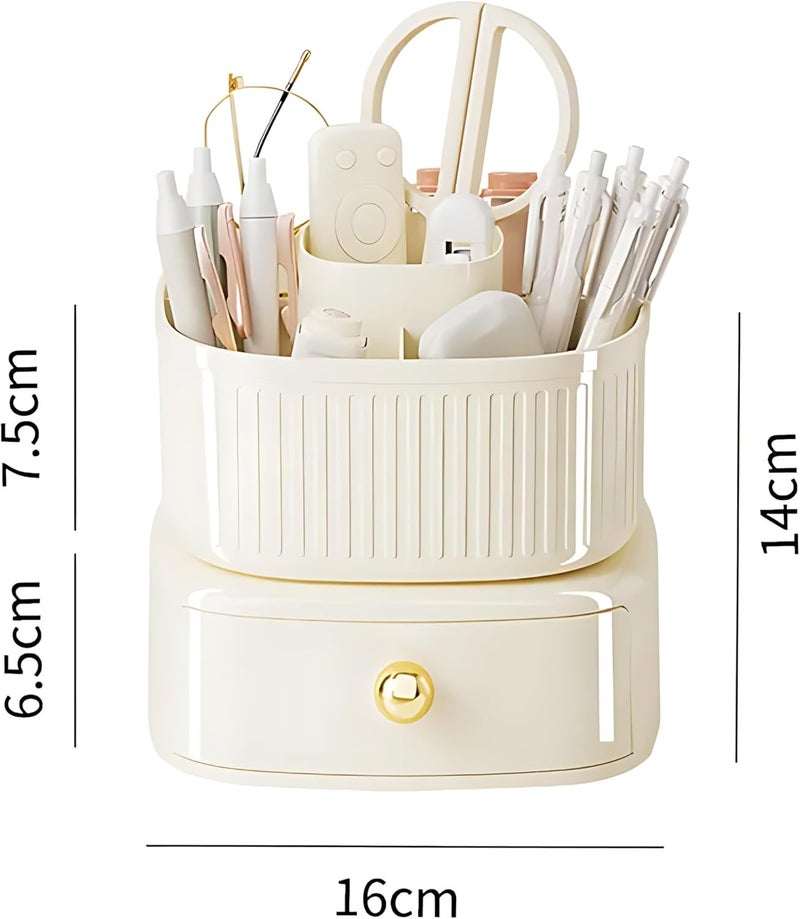 HOOPVOOL 360 Rotating Desk Organizer, Stationery Storage,Pen Holder, Plastic Makeup brush Organizer with Drawers, Multifunctional Desk Accessories Tidy Caddy for Dresser Table (360 Cream) - Image 2