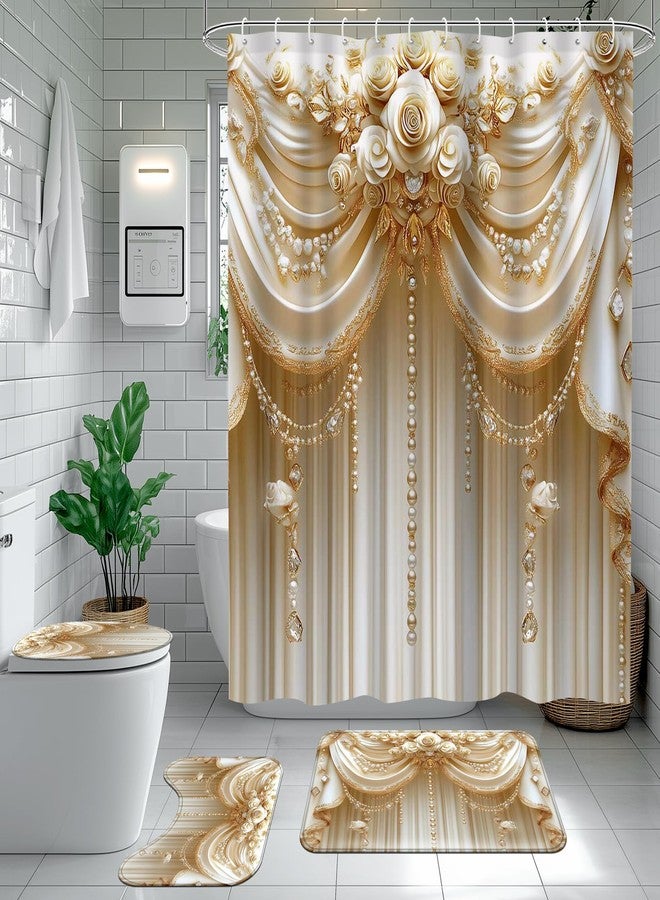 Ticuenicoa Luxury Shower Curtain Set - 72x72 Inch Elegant Floral Design with Pearl & Crystal Decor, Includes Bath Mat, U-Shape Rug, Toilet Cover & Hooks - Image 1