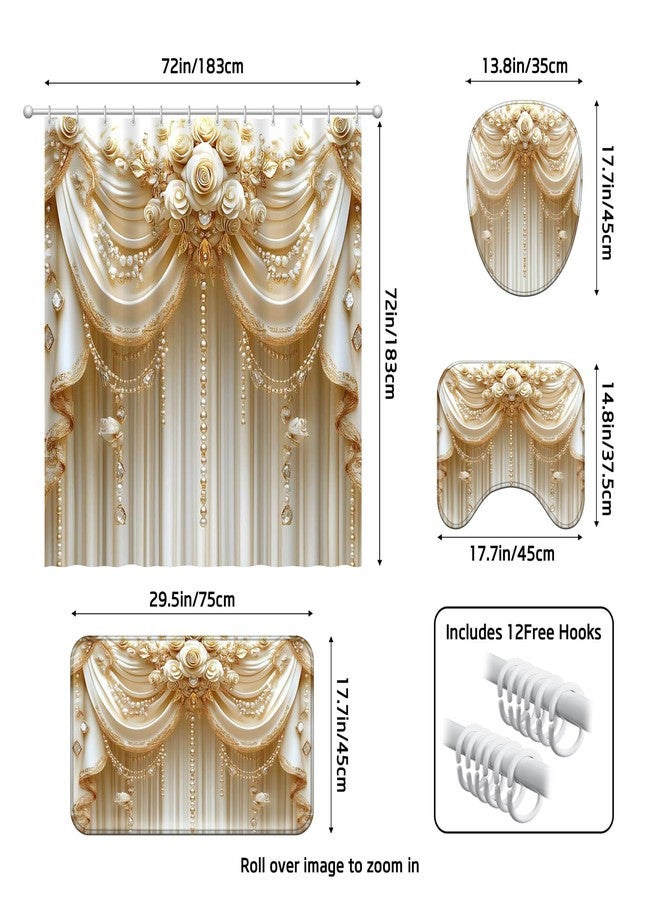 Ticuenicoa Luxury Shower Curtain Set - 72x72 Inch Elegant Floral Design with Pearl & Crystal Decor, Includes Bath Mat, U-Shape Rug, Toilet Cover & Hooks - Image 3