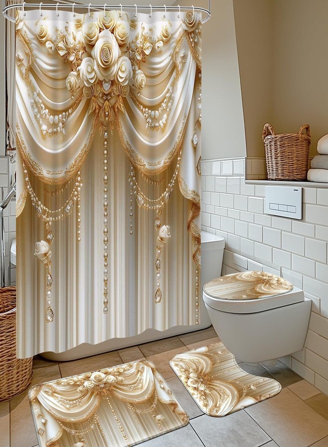 Ticuenicoa Luxury Shower Curtain Set - 72x72 Inch Elegant Floral Design with Pearl & Crystal Decor, Includes Bath Mat, U-Shape Rug, Toilet Cover & Hooks - Image 2