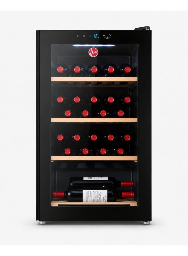HOOVER Beverage Cooler, Wine Fridge With 34 Bottles Capacity, External LED Touch Control, Wooden Racks, Double Glazed UV Protection Door, Single Temperature Zone, HWC-H34-B (Black) 25.5 L HWC-H34-B Black - Image 1