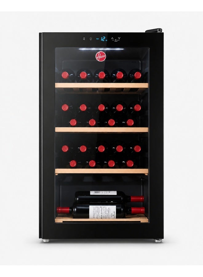 HOOVER Beverage Cooler, Wine Fridge With 34 Bottles Capacity, External LED Touch Control, Wooden Racks, Double Glazed UV Protection Door, Single Temperature Zone, HWC-H34-B (Black) 25.5 L HWC-H34-B Black - Image 1