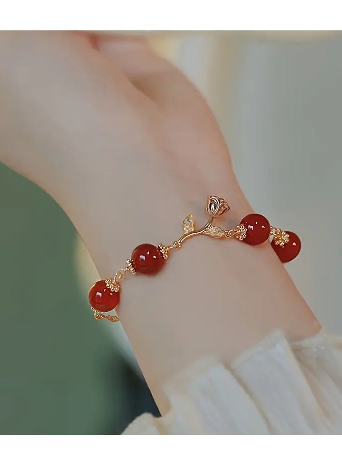 Home Clearance Sale 1pc Elegant Red Rose Bell Charm Bracelet, Women'S Fashion Jewelry Set with Synthetic Cubic Zirconia, Alloy Material, No Plating, Versatile for All Seasons and Daily Wear - Image 1