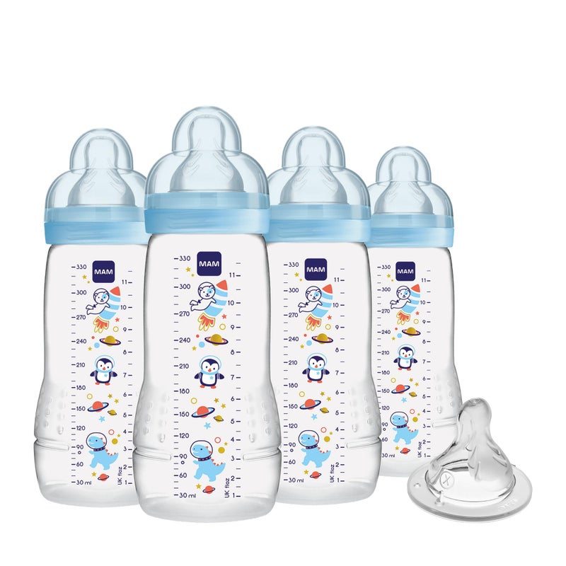 MAM Easy Active Baby Bottles 11 oz with Bonus Nipple, Fast Flow Skinsoft Silicone Nipple with Wide Neck Ergonomic Design, Easy to Hold, BPA-Free Bottles with Leak-Proof Caps for 4+ Months Baby, Boy - Image 1