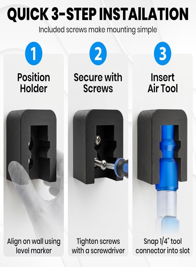 Dubbs Hardware حامل أدوات هوائية من دوبس هاردوير مقاس 1/4 بوصة، يُثبت على الحائط - عبوة من 4 قطع - منظم أدوات هوائية شديد التحمل - رف ملحقات ضاغط الهواء للتخزين في الورشة والجراج - تثبيت آمن بالبراغي - Image 3