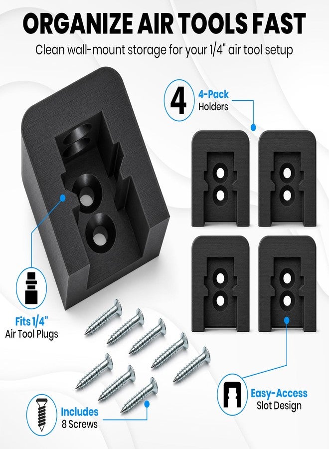 Dubbs Hardware حامل أدوات هوائية من دوبس هاردوير مقاس 1/4 بوصة، يُثبت على الحائط - عبوة من 4 قطع - منظم أدوات هوائية شديد التحمل - رف ملحقات ضاغط الهواء للتخزين في الورشة والجراج - تثبيت آمن بالبراغي - Image 2