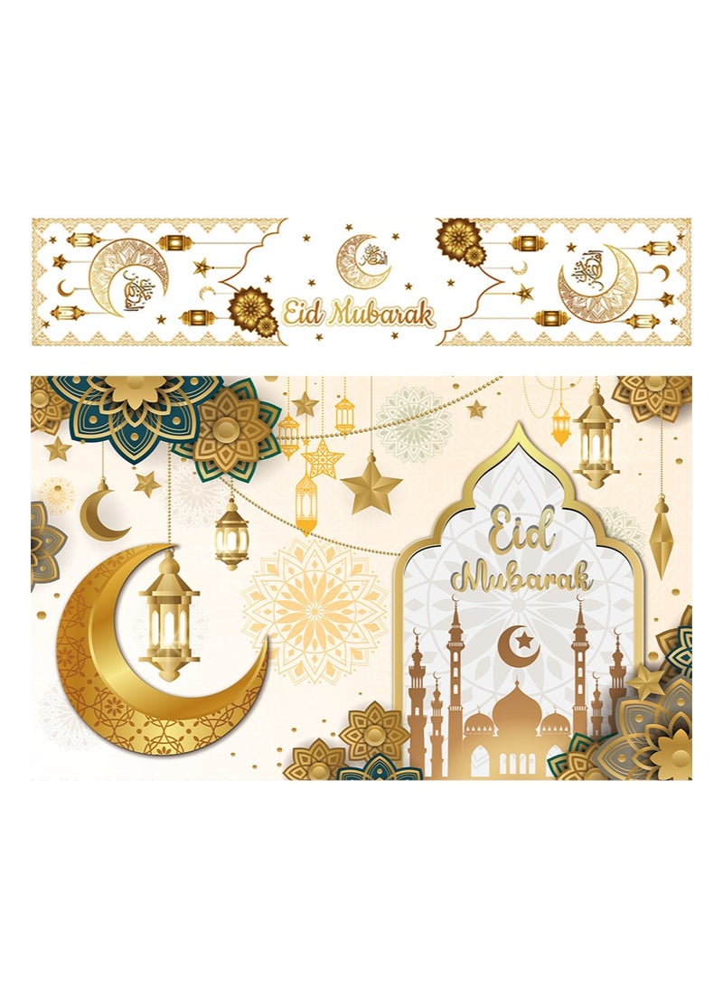 Aikanbo Ramadan Party Set,Eid Mubarak Table Flag 70.8x13.7 inches and Eid Mubarak Backdrop Banner 70.8x43.3 inches,Islamic Eid Mubarak Table Runner,Muslim Eid Mubarak Fabric Backdrop for Eid Celebration with Venus Moon Mosque Decoration,Islamic Home Decor Background - Image 1