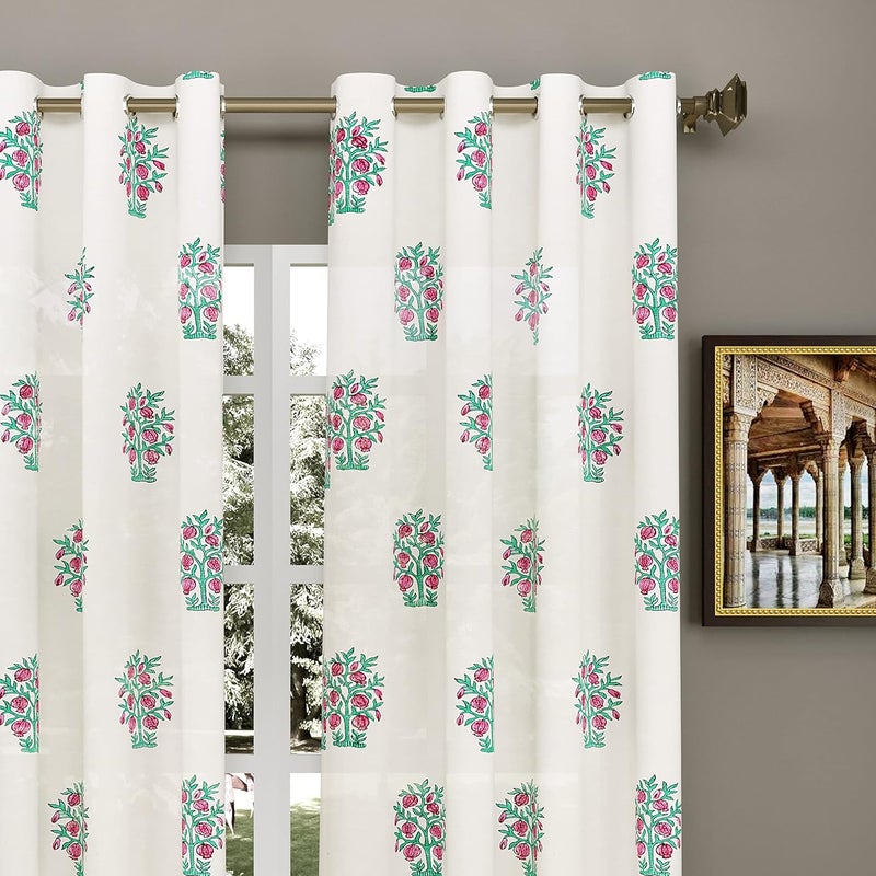 BLOCKS OF INDIA Hand Block Printed Cotton Linen Daylight Door Curtain Style 4 7 Feetsemi Sheer Grommet Multicolor - Image 2