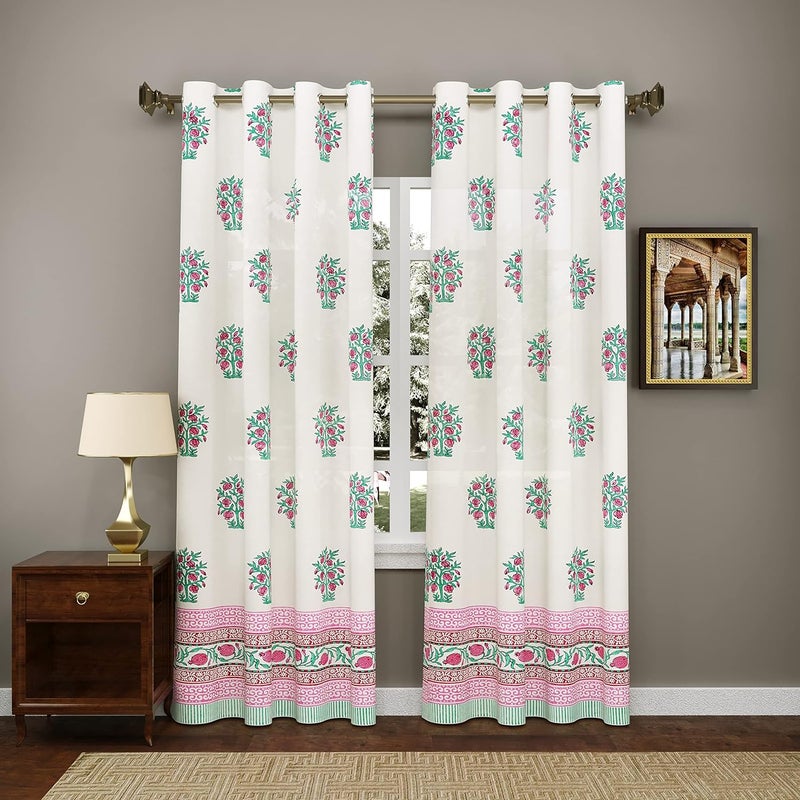 BLOCKS OF INDIA Hand Block Printed Cotton Linen Daylight Door Curtain Style 4 7 Feetsemi Sheer Grommet Multicolor - Image 1