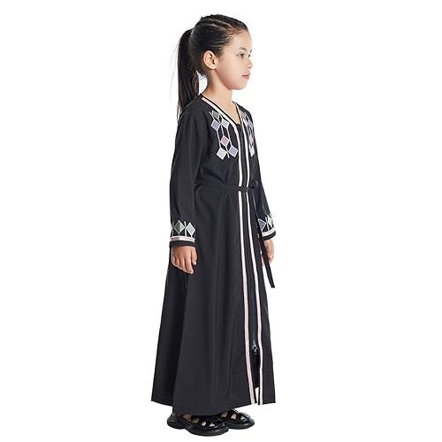 ODIZLI عباءة أطفال بنات أوديزيلي بأكمام طويلة وغطاء رأس فستان ماكسي إسلامي دبي فستان كاجوال ملابس صلاة فستان صلاة كنيسة للبنات #أسود 8-9 سنوات - Image 5