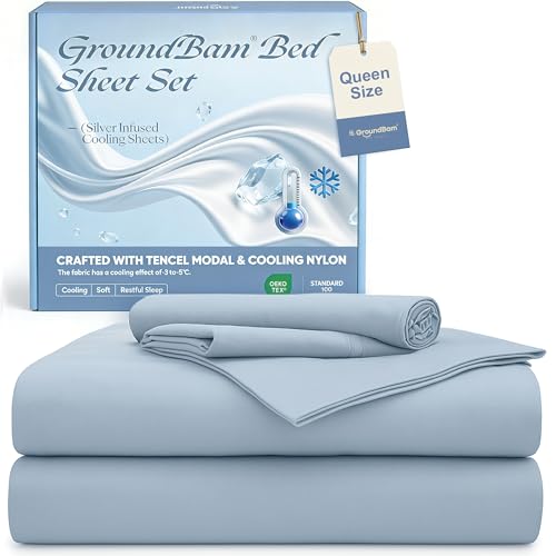 GroundBam Silver Infused Bed Sheets Set Cooling Tencel Sheet with SelfCleaning Technology for 3X Freshness Sleep Hypoallergenic Breathable sheet Perfect for Hot Sleepers Sensitive Skin Blue Queen - Image 1