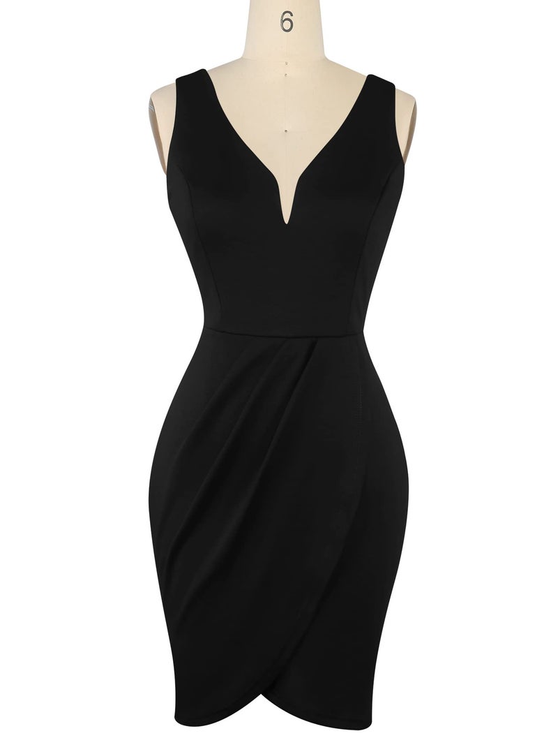 oxiuly Women's Wrap V Neck Bodycon Ruched Cocktail Party Dress Chic Church Wedding Club Pencil Dresses OX345 (Black, XL) - Image 3
