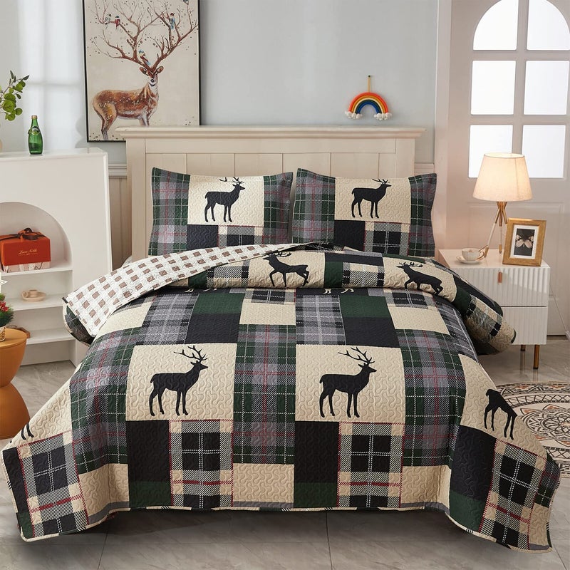 CHESITY CHESITY Lodge Bedspread King Size Rustic Cabin Quilt Set Deer Printed Bedspreads Coverlet Reversible Lightweight Quilt Set Dark Green Beige Plaid Patchwork Country Decor Bedcover96x 108 