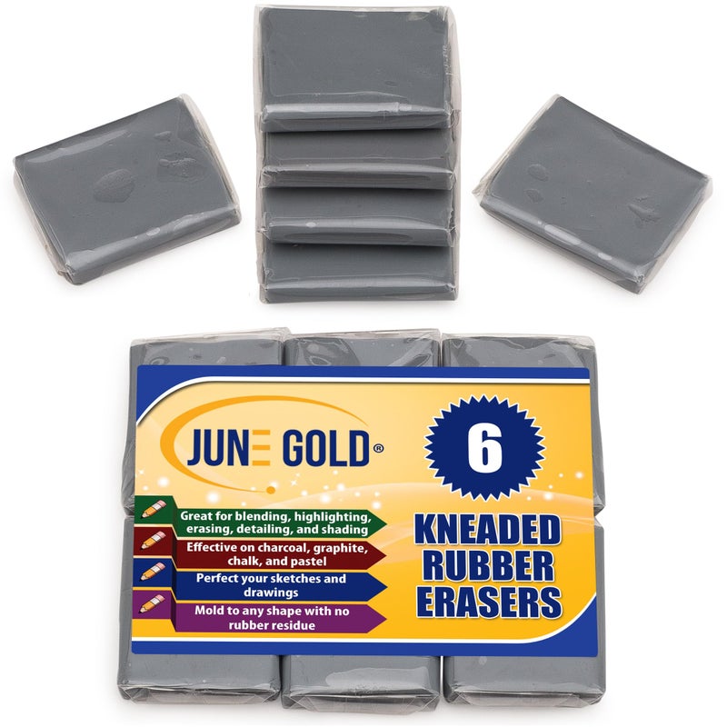 June Gold Kneaded Rubber Erasers, Gray, 6 Pack - Blend, Shade, Smooth, Correct, and Brighten Your Sketches and Drawings - Image 1