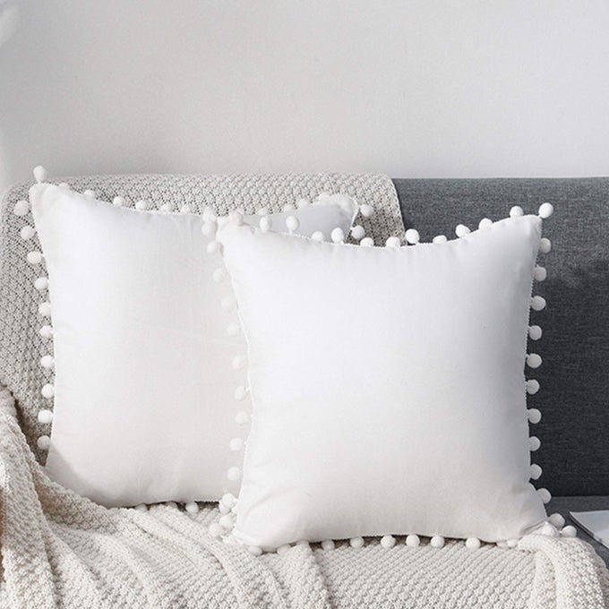 SET OF 2 DECORATIVE THROW PILLOW COVERS WITH CUTE POM POM SQUARE SOFT CUSHION CASE HOME DECOR FOR COUCH SOFA BED 20X20INCH50X50 CM WHITE