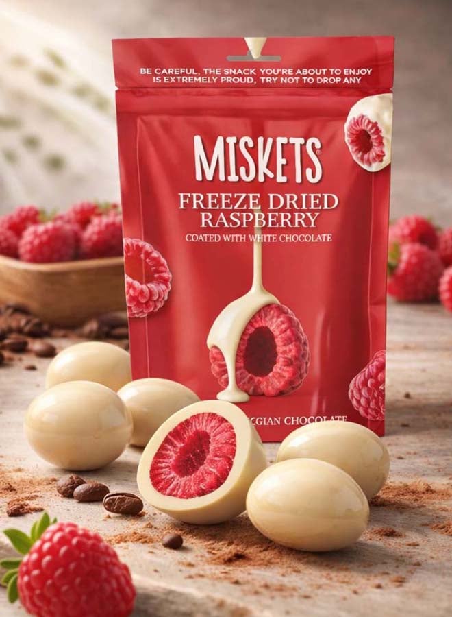 Miskets Belgian White Chocolate Coated Freeze Dried Raspberry, 80 gr - Image 2