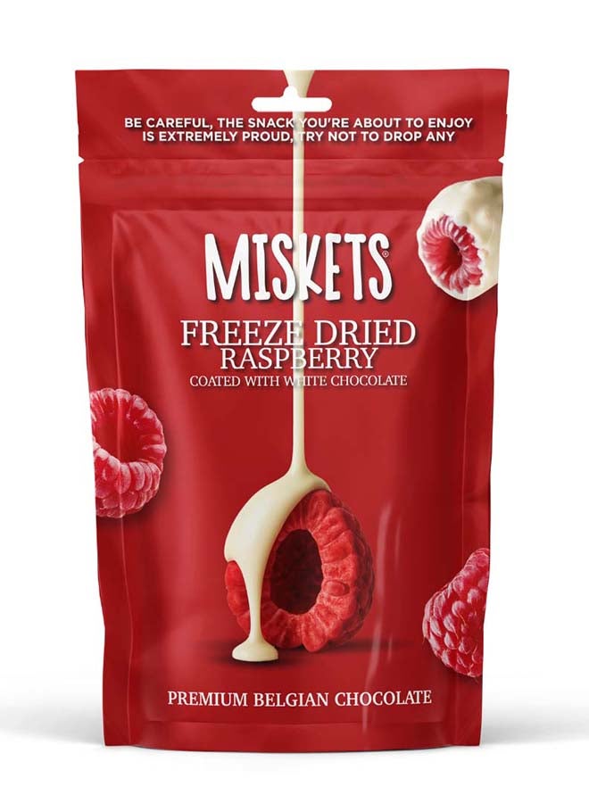 Miskets Belgian White Chocolate Coated Freeze Dried Raspberry, 80 gr - Image 1