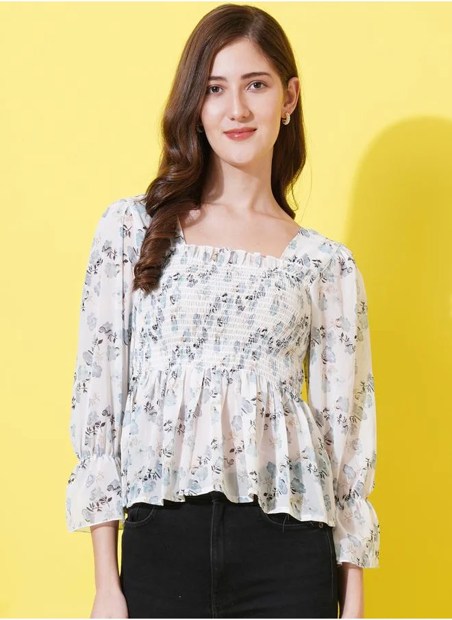 U&F Floral Print Smocked Georgette Peplum Top by Styli