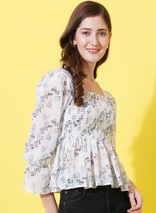 U&F Floral Print Smocked Georgette Peplum Top - Image 2