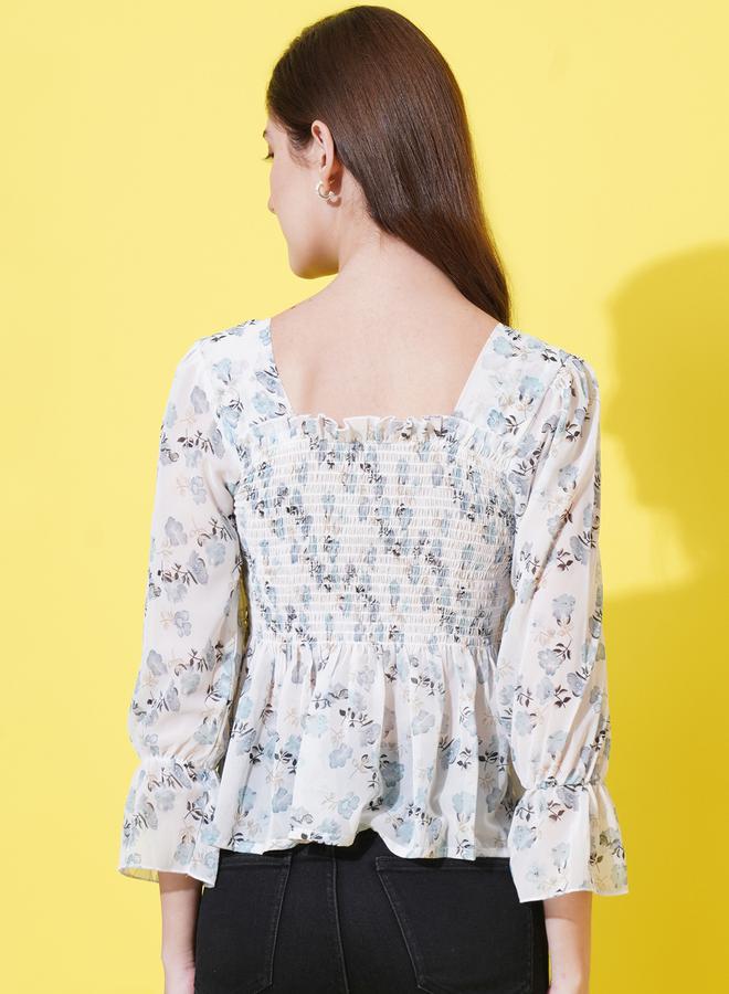 U&F Floral Print Smocked Georgette Peplum Top - Image 3