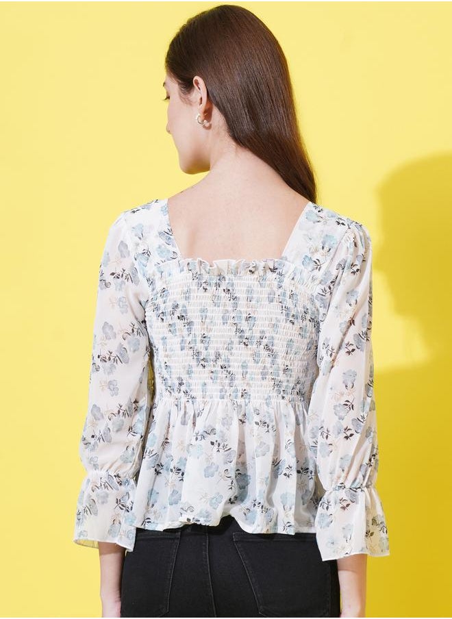 U&F - Floral Print Smocked Georgette Peplum Top by Styli - Image 1
