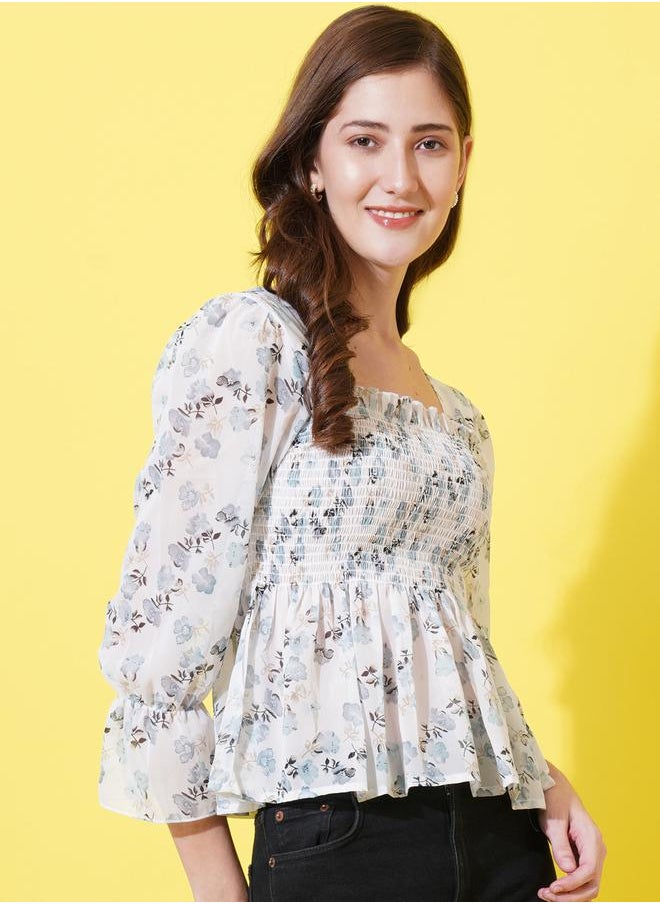 U&F - Floral Print Smocked Georgette Peplum Top by Styli - Image 1