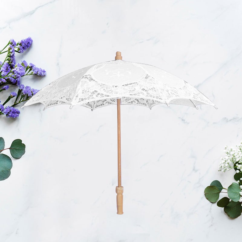 2pcs Wedding Bride Lace Umbrella White Handle Umbrella Beautiful Photo Props Wedding Decorative Umbrella (White Length 43 Diameter 45cm) - Image 2