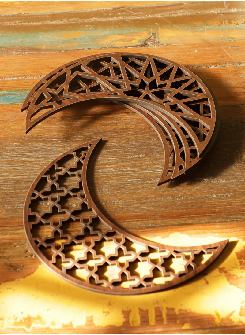 LOWHA Set of 6 Wooden Coaster Decorations in Ramadan Crescent Shape with Islamic Patterns