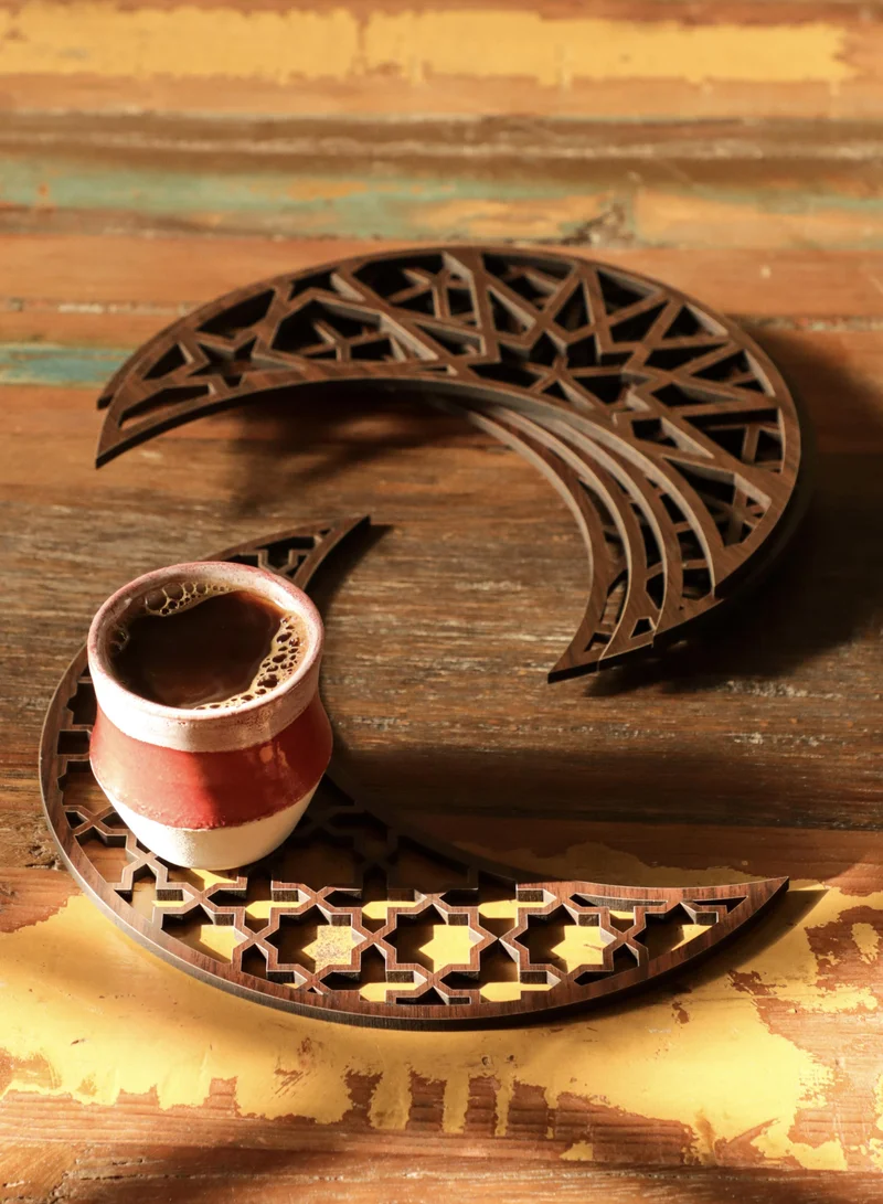 LOWHA Set of 6 Wooden Coaster Decorations in Ramadan Crescent Shape with Islamic Patterns