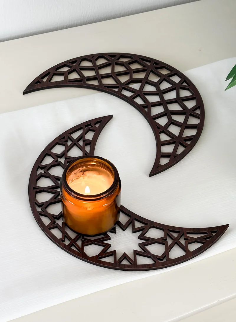 LOWHA Set of 6 Wooden Coaster Decorations in Ramadan Crescent Shape with Islamic Patterns