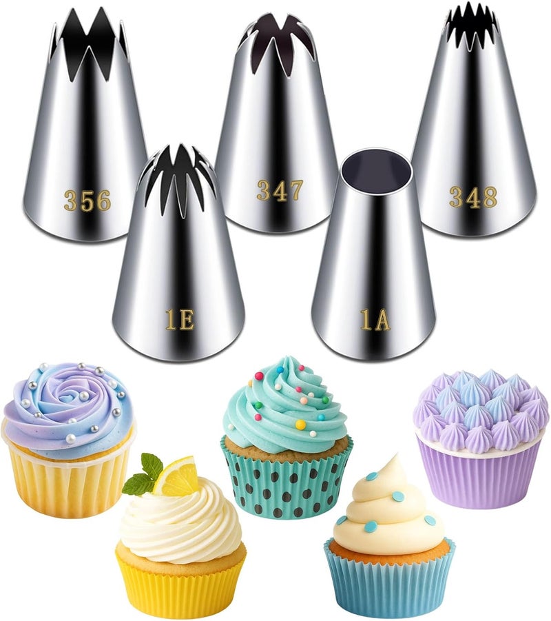 Suuker Large Piping Tips Set, Stainless Steel Frosting Piping Kit, 5 Pieces Pastry Cake Decorating Tips Baking Tools for Cookies Cupcake Decorating Kit (1A 1E 348 347 356) - Image 1