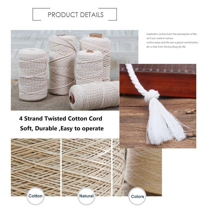 Loving Basso Macrame Cord Cotton Rope 4mm 100m 1 Pack Beige,Natural 4 Strand Twisted 4mm Macrame Twine for Hand-Knitted Handmade Wall Hanging Weaving Basketry Tapestry - Image 2