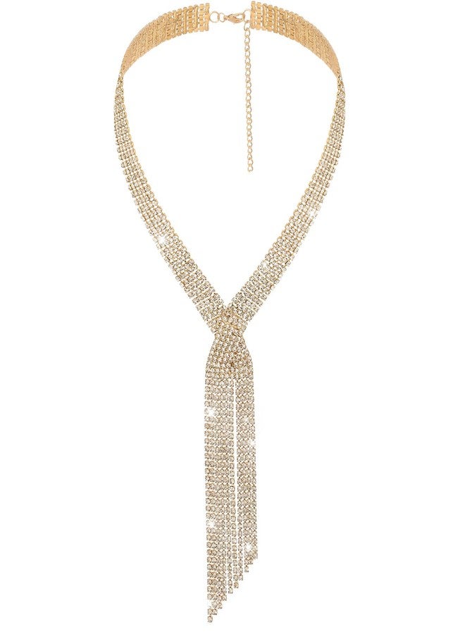 ELABEST Long Rhinestone Necklace Statement Tassel Necklaces Crystal Layered Y Choker for Women (Gold) - Image 1
