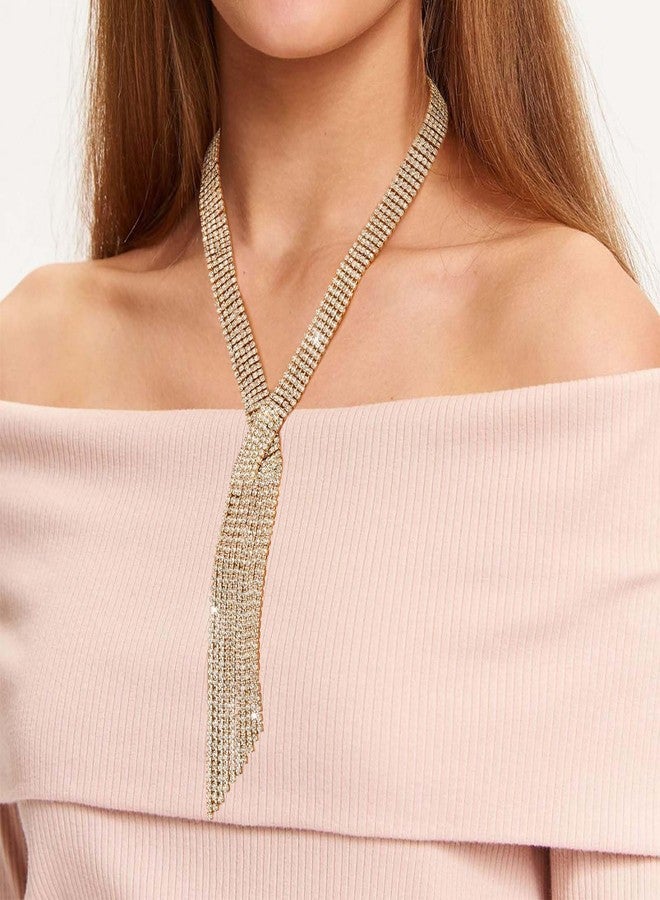 ELABEST Long Rhinestone Necklace Statement Tassel Necklaces Crystal Layered Y Choker for Women (Gold) - Image 2