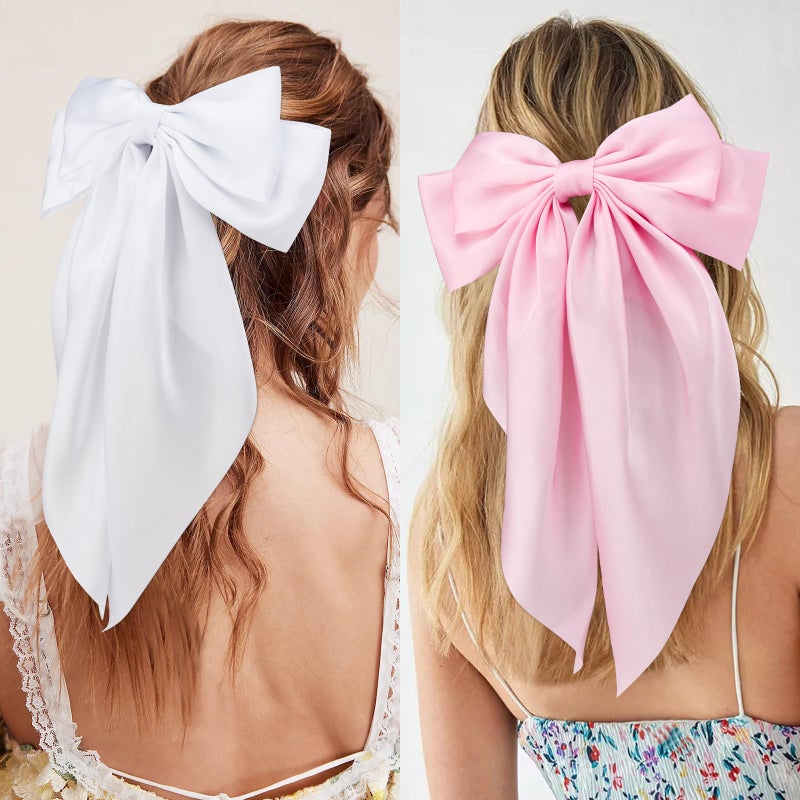 Velscrun Hair Bows for Women Girls 3Pcs White Pink Black Silky Satin Large Bows Hair Clip Oversized Hair Ribbons Long Tail Big Hair Bows Accessories - Image 5