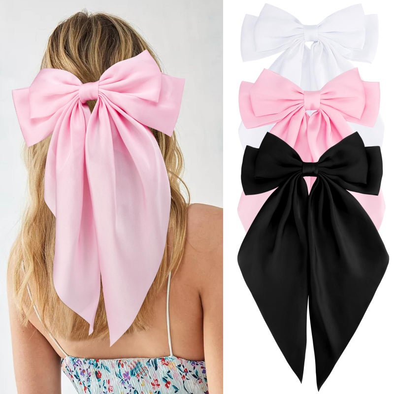 Velscrun Hair Bows for Women Girls 3Pcs White Pink Black Silky Satin Large Bows Hair Clip Oversized Hair Ribbons Long Tail Big Hair Bows Accessories - Image 1