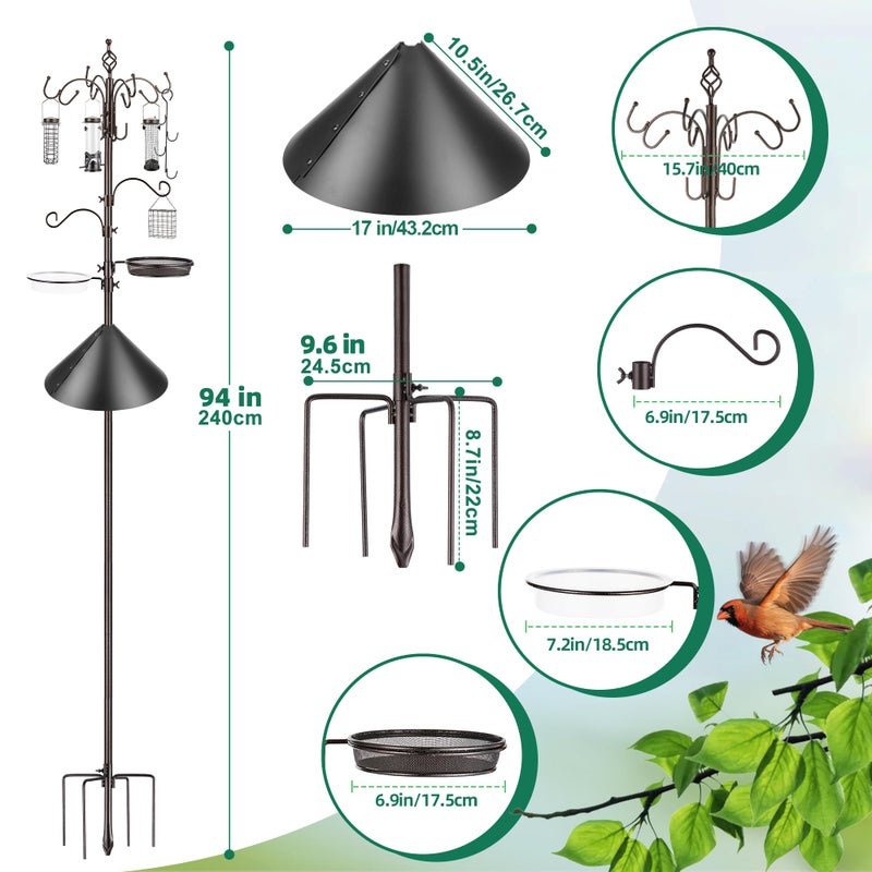 ERYTLLY Bird Feeding Station Kit with Squirrel Baffle Bird Feeder Pole with Suet Cage Mesh Tray Fruit Hook Double W Hook for Attracting Wild Birds and Hanging Planter Hanger Lights - Image 3