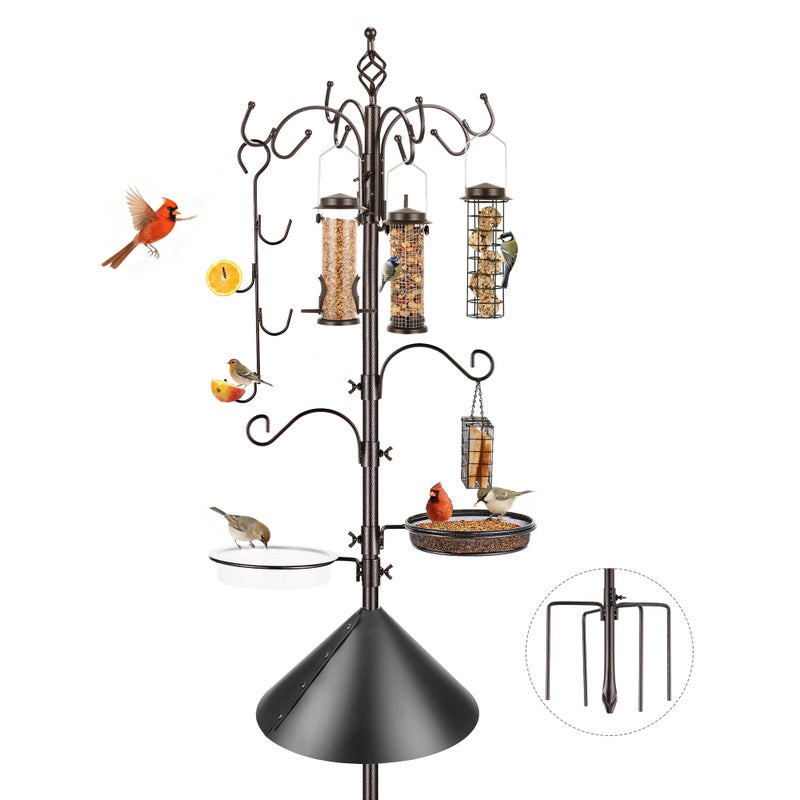 ERYTLLY Bird Feeding Station Kit with Squirrel Baffle Bird Feeder Pole with Suet Cage Mesh Tray Fruit Hook Double W Hook for Attracting Wild Birds and Hanging Planter Hanger Lights - Image 1