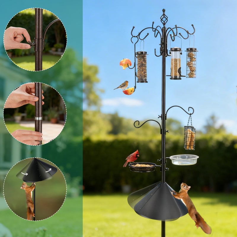 ERYTLLY Bird Feeding Station Kit with Squirrel Baffle Bird Feeder Pole with Suet Cage Mesh Tray Fruit Hook Double W Hook for Attracting Wild Birds and Hanging Planter Hanger Lights - Image 2