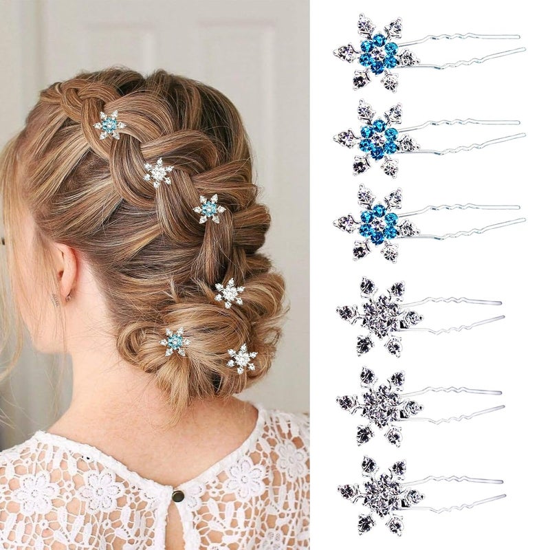 6 Pcs Christmas Hair Clips for Women and Girls Crystals Bobby Pins Snowflake Rhinestone Bridal UShape Hair Clips SilverBlue