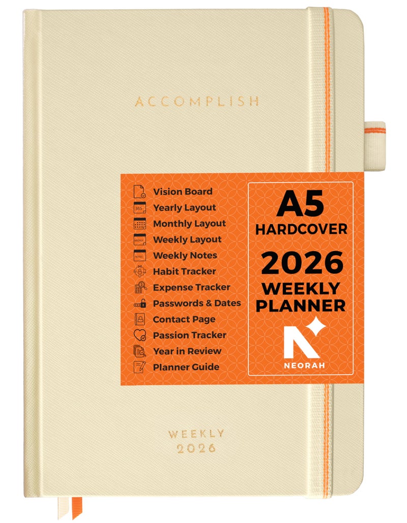 NEORAH — A5 Dated WEEKLY Planner 2026 ACCOMPLISH—264 Pages of Yearly |12 Month | 52 Week+24 Hours + Notes pages for each week—Office Diary Academic diary-Hardcover [Pen Loop Attachable] (AFTERGLOW) - Image 1