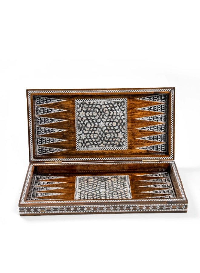 Handmade Backgammon & Chess Wooden Folding Board Inlaid with Natural Shell & Mother of Pearl, Brown & White - Size 40x40 cm - Image 3
