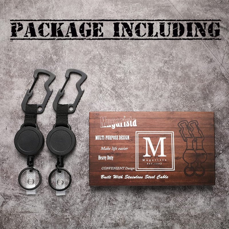 MNGARISTA 2 Pack Retractable Keychain, Multitool Carabiner Badge Holder, 8oz Retraction, Heavy Duty Badge Reel, Retractable Key Chain with Steel Cable and Key Ring, Black - Image 5
