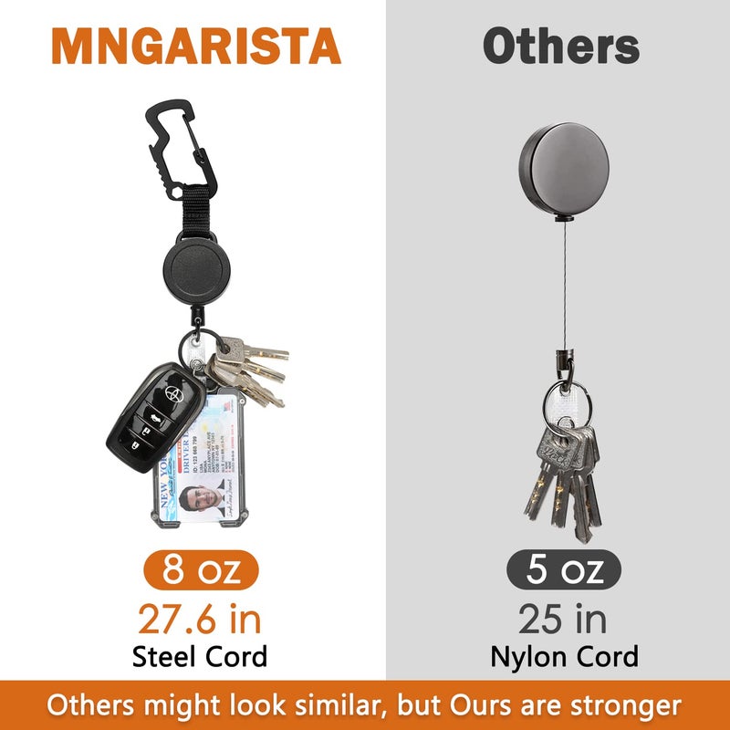 MNGARISTA 2 Pack Retractable Keychain, Multitool Carabiner Badge Holder, 8oz Retraction, Heavy Duty Badge Reel, Retractable Key Chain with Steel Cable and Key Ring, Black - Image 2