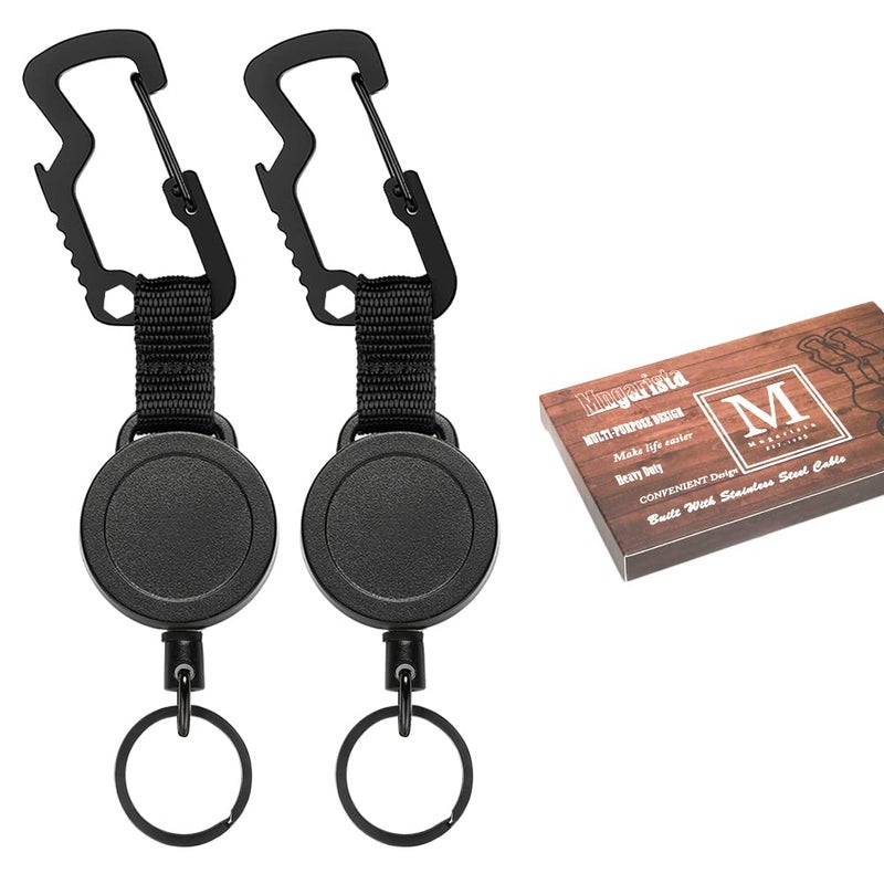 MNGARISTA 2 Pack Retractable Keychain, Multitool Carabiner Badge Holder, 8oz Retraction, Heavy Duty Badge Reel, Retractable Key Chain with Steel Cable and Key Ring, Black - Image 1