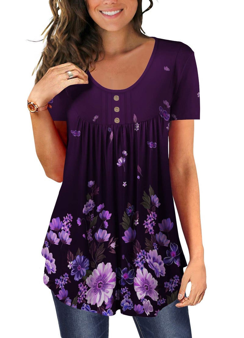 BeadChica Women's Tunic Tops For Leggings Short Sleeve Shirts Botton Up Casual Ruched Blouses Clothing Floral-XL Purple - Image 1