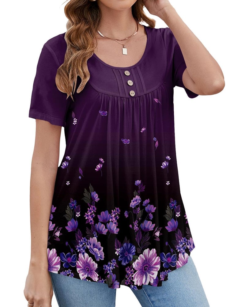 BeadChica Women's Tunic Tops For Leggings Short Sleeve Shirts Botton Up Casual Ruched Blouses Clothing Floral-XL Purple - Image 3
