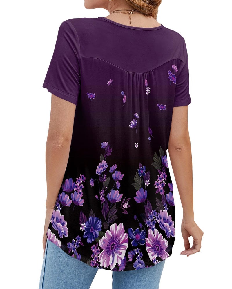 BeadChica Women's Tunic Tops For Leggings Short Sleeve Shirts Botton Up Casual Ruched Blouses Clothing Floral-XL Purple - Image 4